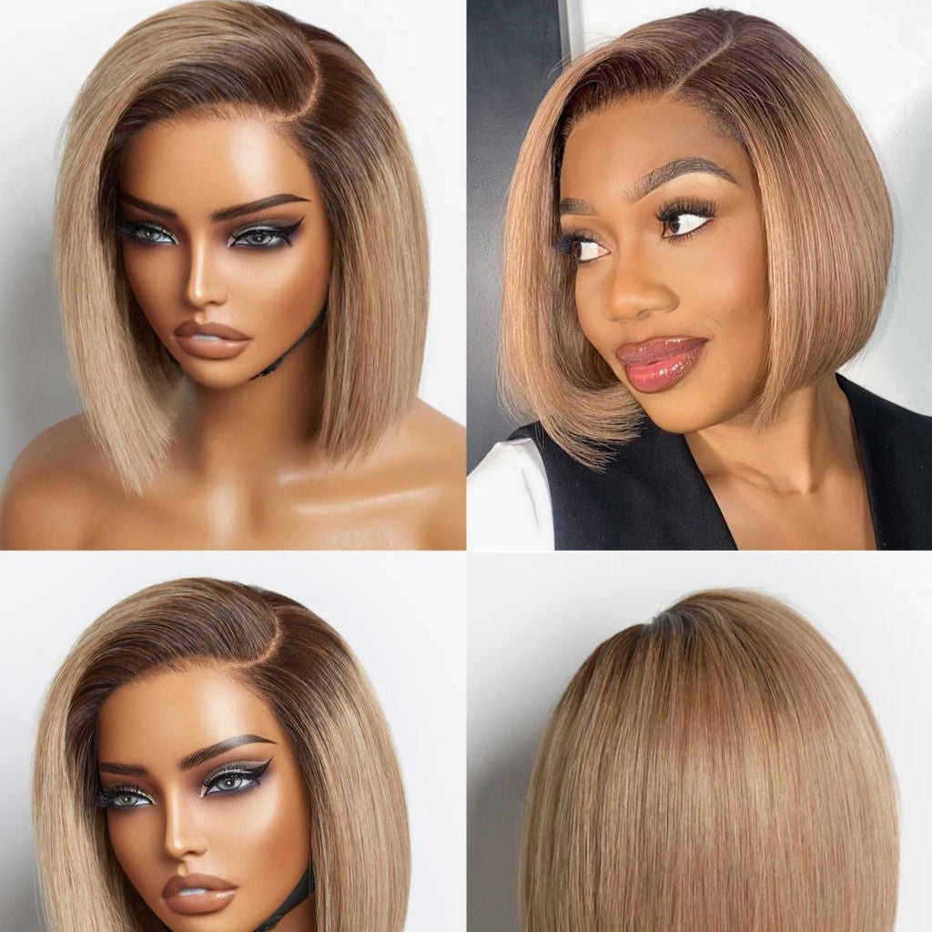 Ash Blonde Ombre / Natural Black Blunt Cut Bob Glueless Minimalist HD Lace Short image 0
